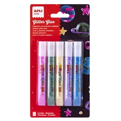 Imagen de APLI Kids 18973 Glitter glue, pegamento con purpurina acabado metalizado ideal para manualidades 5 botes
