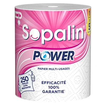 Imagen de Sopalin Power Limpiaparabrisas multiusos 1 rollo Power=5 rollos clásicos 250 hojas Ultra resistente Embalaje compuesto de al menos 80% plástico reciclado Papel certificado FSCTM Mixto