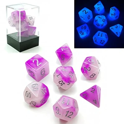 Imagen de Bescon juego de 7 dados poliédricos brillantes dos tonos amatista helada, luminosos RPG que brillan en la oscuridad, rol DND