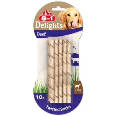 Imagen de 8in1 Delights Beef Twisted Sticks Varillas para Masticar saludables Perros sensibles, Carne de Vacuno Envuelta en Piel Vacuno, 10 Unidades