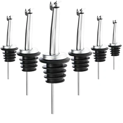 Imagen de COM FOUR® 6x Vertedor de botellas con tapa protectora dosificador acero inoxidable líquidos (06 piezas color plateado tapa)