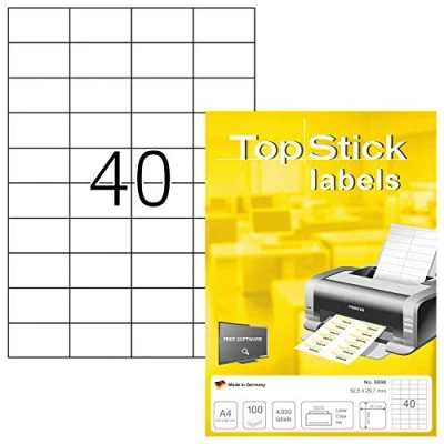 Imagen de TopStick 8698 etiquetas autoadhesivas universales A4 pequeño (52,5 x 29,7 mm, papel) 100 hojas, 40 por hoja, 4000 etiquetas, para impresoras inkjet y láser