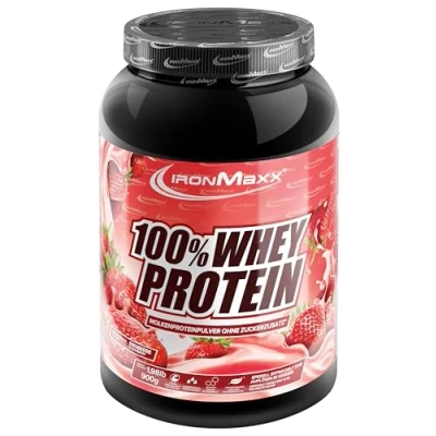 Imagen de IronMaxx 100% proteína de suero en polvo fresa bote 900g a base leche soluble agua, reducida azúcar muchos sabores diferentes