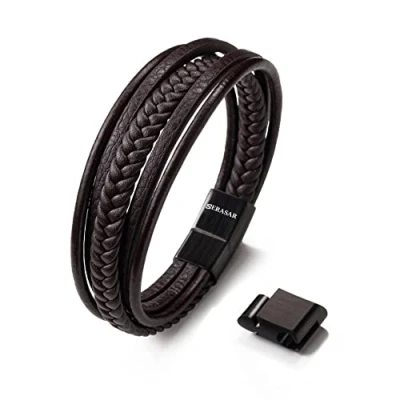 Imagen de SERASAR 19cm Marrón Pulsera de Cuero Hombre Chico Pulseras Hombres Brazalete Brazaletes Pulso Muñequera Muñequeras Bisuteria Bisutería Joyeria Nudos Cuerda Cuerdas Bracelet Men Jewellery Unisex Ancha