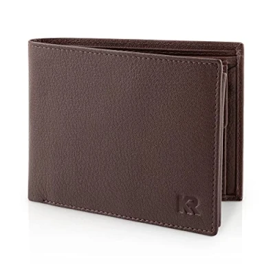Imagen de KRONIFY Carteras para Hombre Cartera de Piel Auténtica, con Bloqueador RFID, 13 Compartimentos Tarjetas, Cremallera, Bolsillo Monedas, Caja Regalo, Marrón Oscuro