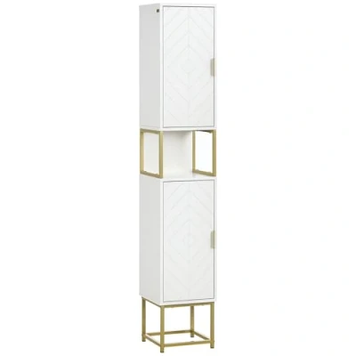Imagen de kleankin Columna de Baño Mueble Auxiliar Armario con 2 Puertas Compartimiento y Estantes Ajustables Antivuelco Estilo Moderno 30x30x170,7 cm Blanco