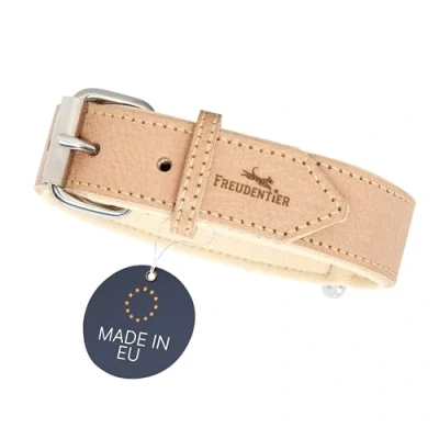Imagen de FREUDENTIER® Collar para Perro de Piel, Fabricado en Holanda, Forrado y Muy cómodo, Piel Grano Completo, Modelo Amstelpark (47 57 cm Circunferencia del Cuello, Arena)