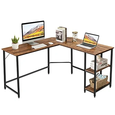 Imagen de COSTWAY Escritorio de Ordenador en Forma L Mesa Esquina Trabajo con Estantes para Hogar Oficina Sala Estudio (Madera)