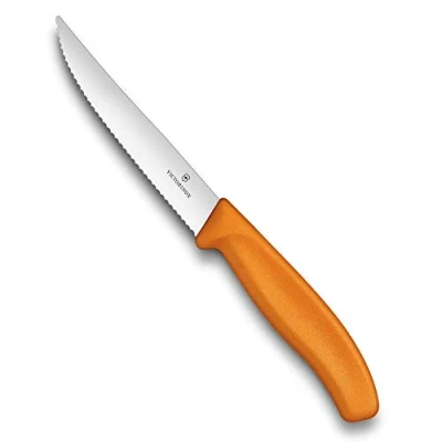 Imagen de Victorinox Swiss Classic, cuchillo profesional para bistec y pizza, hoja extra afilada, filo dentado, 12 cm, acero inoxidable, naranja