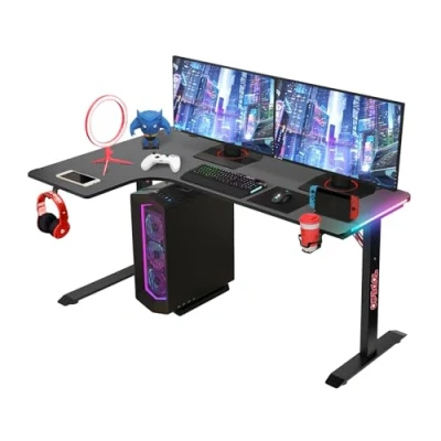 Imagen de Todeco Escritorio en Forma de L, Mesa Gaming 140x100 cm con LED, Tablero Fibra Carbono, Portavasos y Gancho para Auriculares