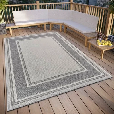 Imagen de HANSE Home Cast Alfombra Impermeable para Interiores y Exteriores, diseño Moderno, Bicolor Resistente al Agua, Tejido Plano jardín, balcón, terraza, salón, Color Beige Gris, 76 x 150 cm
