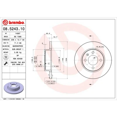 Imagen de BREMBO 08.5243.10 Disco de freno 236 12,7 4 macizo con tornillos