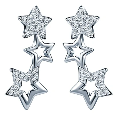 Imagen de Unendlich U Pendientes de Plata Ley 925 con Circonitas Cúbicas y Diseño Pequeñas Estrellas a lo Largo la Oreja, Color Plateado