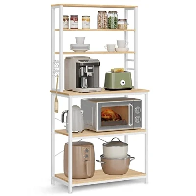 Imagen de VASAGLE Estantería de Cocina, Panadería, 6 Estantes y Ganchos, para Microondas, Marco Acero, Industrial, 40 x 80 167 cm, Roble Blanco KKS019W09