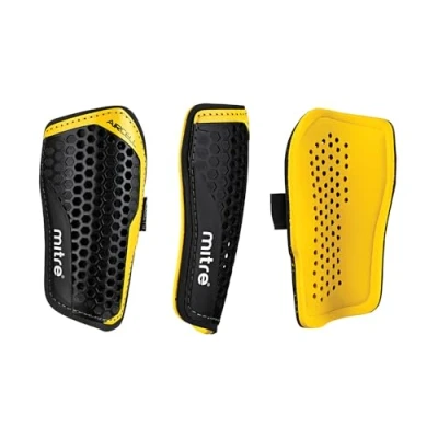 Imagen de Mitre Aircell Espinilleras de fútbol, transpirables, protección contra impactos, ligeras, talla M, negro/amarillo
