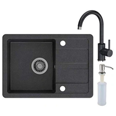 Imagen de VBChome fregadero con grifo, color negro, 62 x 44 cm, granito, empotrado, escurridor reversible, de cocina + sifón dispensador detergente