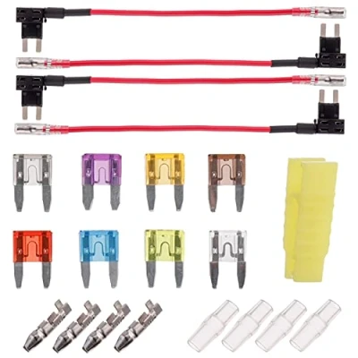 Imagen de BOJACK 4 piezas Mini Portafusibles 12V Fusibles Coche Robacorrientes Adaptador Porta Fusible, con 8 Fuse (2A / 3A 5A 7.5A 10A 15A 20A 25A)
