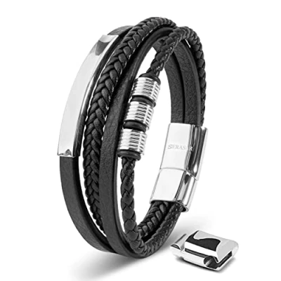 Imagen de SERASAR Pulsera Plata Hombre 20cm Plateado de Cuero Chico Pulseras Hombres Brazalete Pulso Muñequeras Bisuteria Bisutería Joyeria Nudos Cuerda Cuerdas Bracelet Mens Jewellery Unisex Ancha