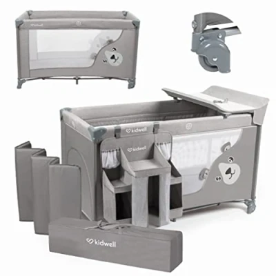 Imagen de COIL Cama de viaje para niños, 3 en 1, cuna bebé con colchón Baby BLISSY entrada lateral, cambiador, dos colchones, viaje, color gris