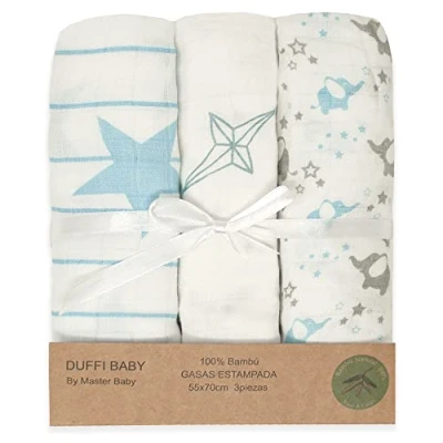 Imagen de Duffi Baby Pack 3 Gasas Bebe Bambu Estampadas. Set Tres para Bebes Rectangulares 55 x 70 cm. Manta Verano 100% Bambú Suave. Toallas Recien Nacido. Color Azul. 0787 12