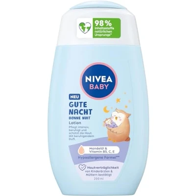 Imagen de NIVEA loción para bebés de buenas noches, corporal que cuida la delicada piel del bebé con aceite almendras, vitaminas E, C y B5, vegana fórmula
