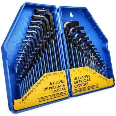 Imagen de S&amp;R Juego Llaves Allen en Pulgadas y Metrica Largas Corta. 30 hexagonales para Coche, Moto, Bici