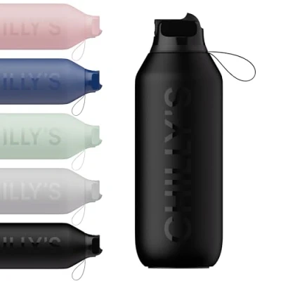 Imagen de Chilly&#039;s Serie 2 Flip Botella con Tapa deportiva, pajita telescópica y anillo de transporte nailon abre fácil, cepillo limpieza para incluido 1000ml Abyss Black