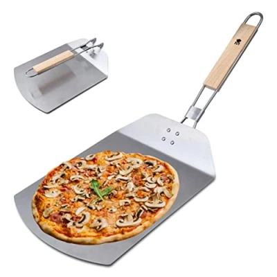 Imagen de MasterPro Foodies Pala Horno para Pizza de Acero Inoxidable Dimensiones 57.8 x 24.3 3.4 cm Mango Goma Color Madera Extrae tus Pizzas del Manera Firme y Segura