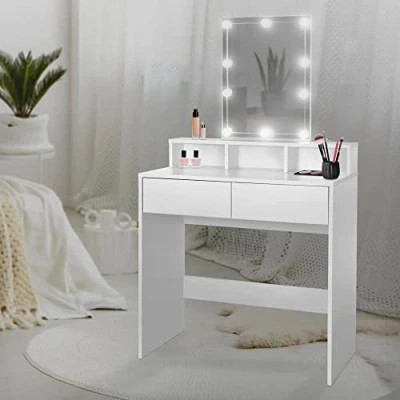 Imagen de ML Design Tocador Moderno con 2 Cajónes y 3 Compartimentos Abiertos Espejo LED 80 x 40 140 cm Blanco Madera Aglomerado Revestido Mesa de Peluquería Cómoda Retoques Maquillaje Gabinete Make Up