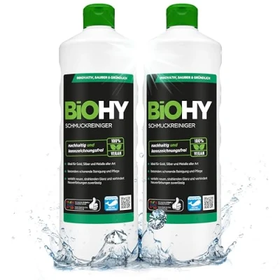 Imagen de BiOHY Limpiador de joyas (2 botellas 1 litro) Fórmula brillo activo Limpieza sostenible y suave para relojes, gafas, metales preciosos (Schmuckreiniger)