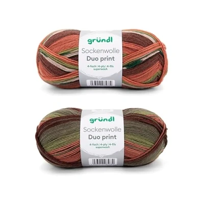 Imagen de Gründl Juego de 2 ovillos 100 g hilo para calcetines (75% lana virgen (superwash), 25% poliamida) + instrucciones (idioma español no garantizado), color naranja, verde y marrón