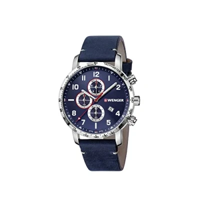 Imagen de Wenger Relojes Hombre Attitude Cronografo Ø 44mm, Suizos, Cuarzo, Impermeable 100m, Acero Inoxidable, Brazalete de Cuero, Cristal Zafiro, Azul, 01.1543.109