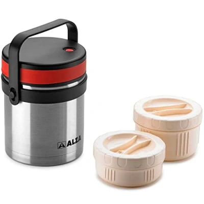 Imagen de Alza ® Lunch fiambrera, 1000 ml, lonchera termica, fabricada en acero inoxidable, recipiente para comidas, compartimentos extraibles, contiene recipientes individuales sellados, libre de BPA