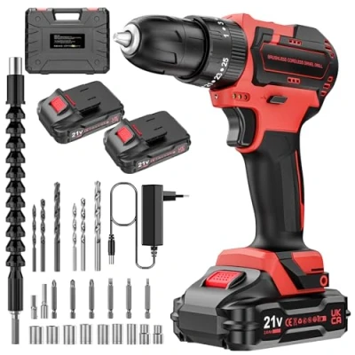 Imagen de Brushless Taladro Percutor a Bateria 21V, Atornillador Electrico, Con 2x2.0Ah Baterías, 25+3 Ajuste de Par, 2 Velocidades, LED Luz