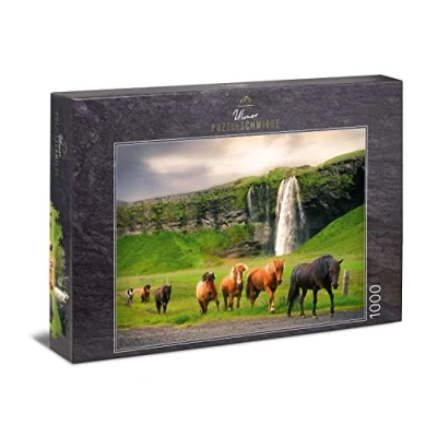 Imagen de Ulmer Puzzleschmiede Puzzle Islandder clásico de 1000 Piezas, diseño Caballos y paisajes Herde Islands en Cascada Seljalandsfoss Islandia Animales Naturaleza