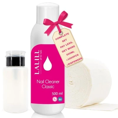 Imagen de LALILL Cleaner Limpiador Uñas 500ml Set Desengrasante de con 1000 Almohadillas Algodón y Dispensador Bomba Nail Degreaser Para Gel, Híbridos Cepillos