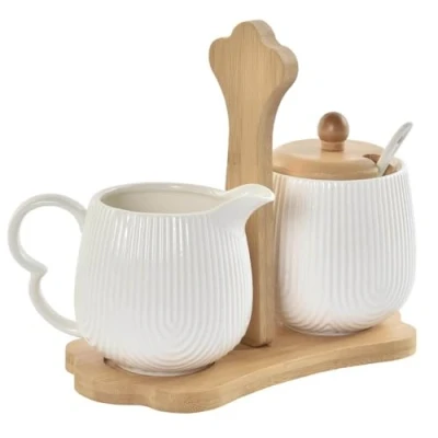 Imagen de Azucarero y jarrita lechera porcelana blanco con soporte madera para cocina estilo nordico (Azucarero Lechera)