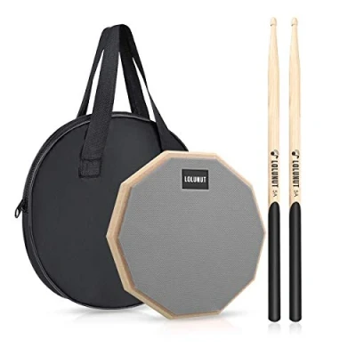 Imagen de LOLUNUT Almohadilla para práctica silenciosa batería, de 2 caras, base madera con goma suave, incluye baquetas maciza (20 cm, gris)