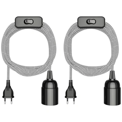 Imagen de ledscom.de 2 piezas cable textil LEHA, enchufe, interruptor, negro, blanco, dentado, 3 m, portalámparas, 1x E27 máx. 60W