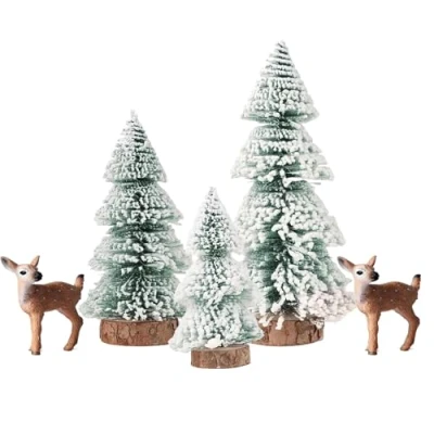 Imagen de (15/20/25 cm), 5 unidades de mini árbol Navidad, alce artificial, Navidad abeto pequeño en miniatura con efecto nieve, verde, decoración mesa para