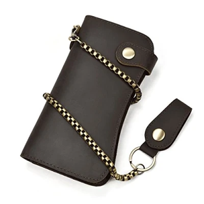 Imagen de LUUFAN Cartera larga de piel auténtica con cadena para hombre, plegable grabada, cadena, Medium