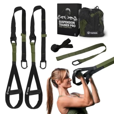 Imagen de THYSOL Correas de entrenamiento en suspensión Xtreme Straps Verde Militar Set con Anclaje Ajustable Fitness Casa Adecuado para Viajar y Entrenar Interiores Exteriores