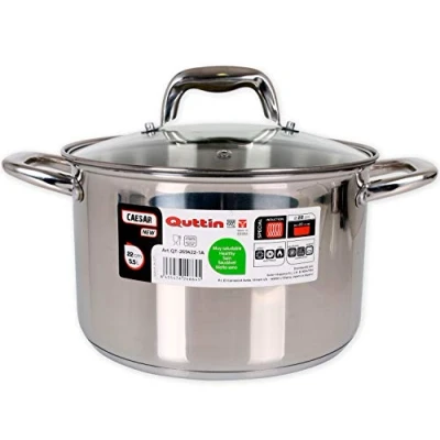 Imagen de Quttin New Caesar Olla Profesional Induccion, Cocina y Horno, Cacerola Mediana, Acero Inoxidable Antiadherente, Tapa Cristal Asas, 22 cm/3 L