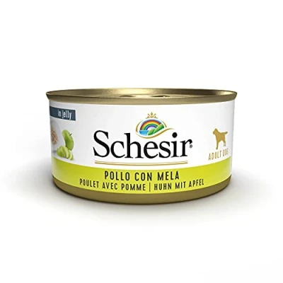 Imagen de Schesir, Comida húmeda para Perros Adultos, Sabor Pollo con Manzana Preparado filetes en gelatina Verdaderos trozos de Fruta Total 2,7 kg (18 latas x 150 gr)