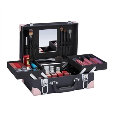 Imagen de Relaxdays Valigetta per Trucchi con Specchio Maletín Maquillaje, para Esmaltes, Sombras, Estuche Make Up Espejo, 12,5 x 31 23 cm, Vacío, Negro/Rosa