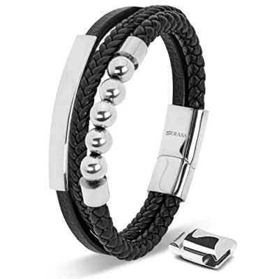 Imagen de SERASAR Pulsera Plata Hombre 20cm Plateado de Cuero Chico Pulseras Hombres Brazalete Pulso Muñequeras Bisuteria Bisutería Joyeria Nudos Cuerda Cuerdas Bracelet Mens Jewellery Unisex Ancha