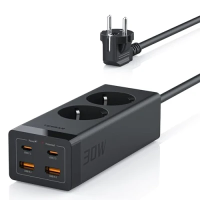 Imagen de TESSAN Ladron Enchufes con USB C PD 30W, GAN Carga Rapida, 6 en 1 Multiple Alargador 2 Metros, Regletas Proteccion Sobretension, 3600W, Negro