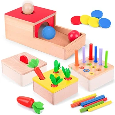 Imagen de LZDMY Juguete Montessori 1 2 3 años, Niños Madera 4 En 1, Juegos Educativos de Bolas Colores Zanahorias Monedas, Clasificación, Regalo Bebés 10 36 Meses para Cumpleaños Navidad