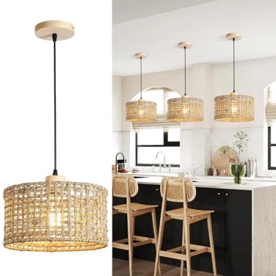 Imagen de Schindora Lampara Techo Ratan 30Cm,1 luz Lamparas De Salon Tejido A Mano Decoracion E27 Boho Colgante Para Mesa Dormitorio Comedor