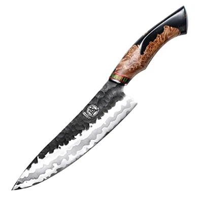 Imagen de MITSUMOTO SAKARI Cuchillos Cocina Profesional Forjados a Mano, Japoneses Cuchillo Chef 440C Damasco, 20 cm Gyuto Arte Avanzado (Mango de Madera Arce y Caja Regalo)